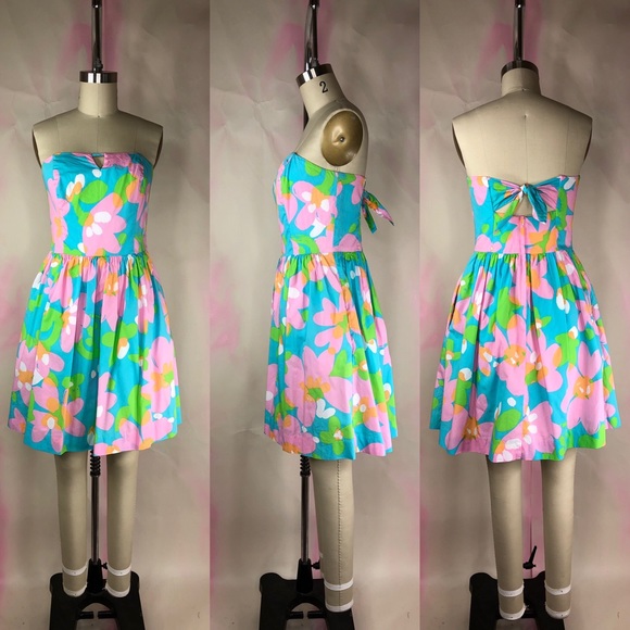 Lilly Pulitzer Richelle Dress in Shorely Blue Mojo Strapless Bow Fit Flare Flora - Picture 3 of 8
